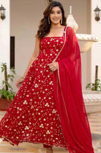 Red Sequinned Anarkali with Trousers and Dupatta