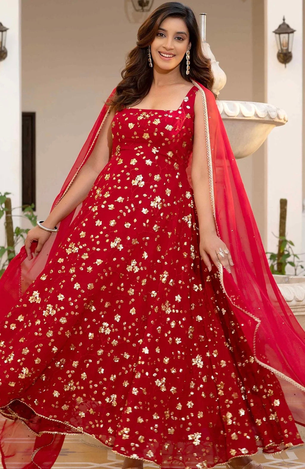 Red Sequinned Anarkali with Trousers and Dupatta