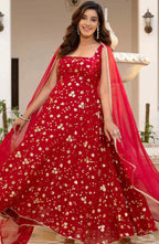 Red Sequinned Anarkali with Trousers and Dupatta