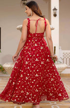 Red Sequinned Anarkali with Trousers and Dupatta