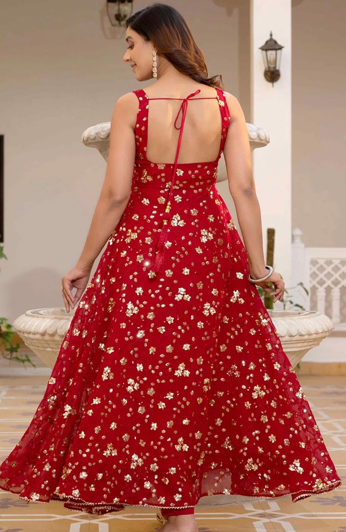 Red Sequinned Anarkali with Trousers and Dupatta