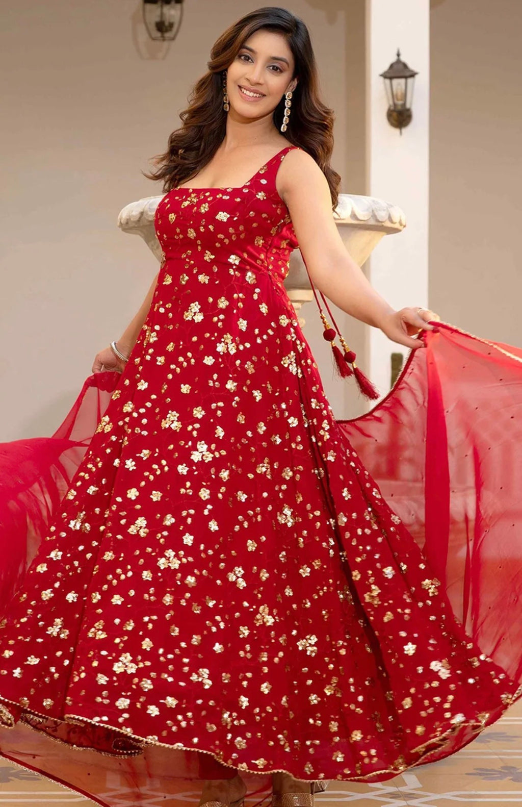 Red Sequinned Anarkali with Trousers and Dupatta