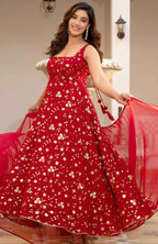 Red Sequinned Anarkali with Trousers and Dupatta
