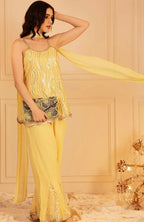 Yellow Sleeveless Sequinned Kurti With Pant & Dupatta
