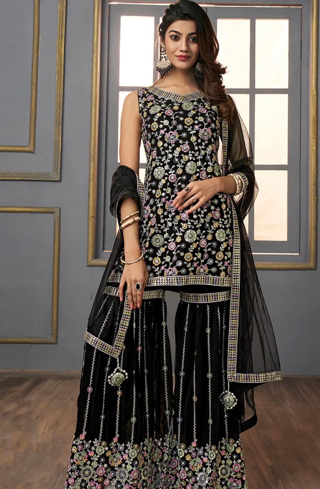 Black Embroidered Sequinned Gharara Set with Dupatta