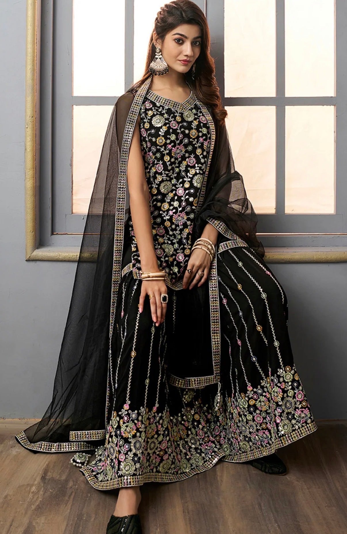 Black Embroidered Sequinned Gharara Set with Dupatta