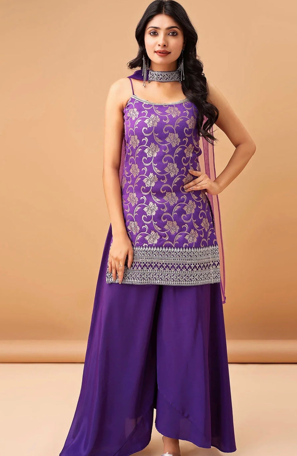 Purple Sleeveless Kurti with Flared Pant & Dupatta