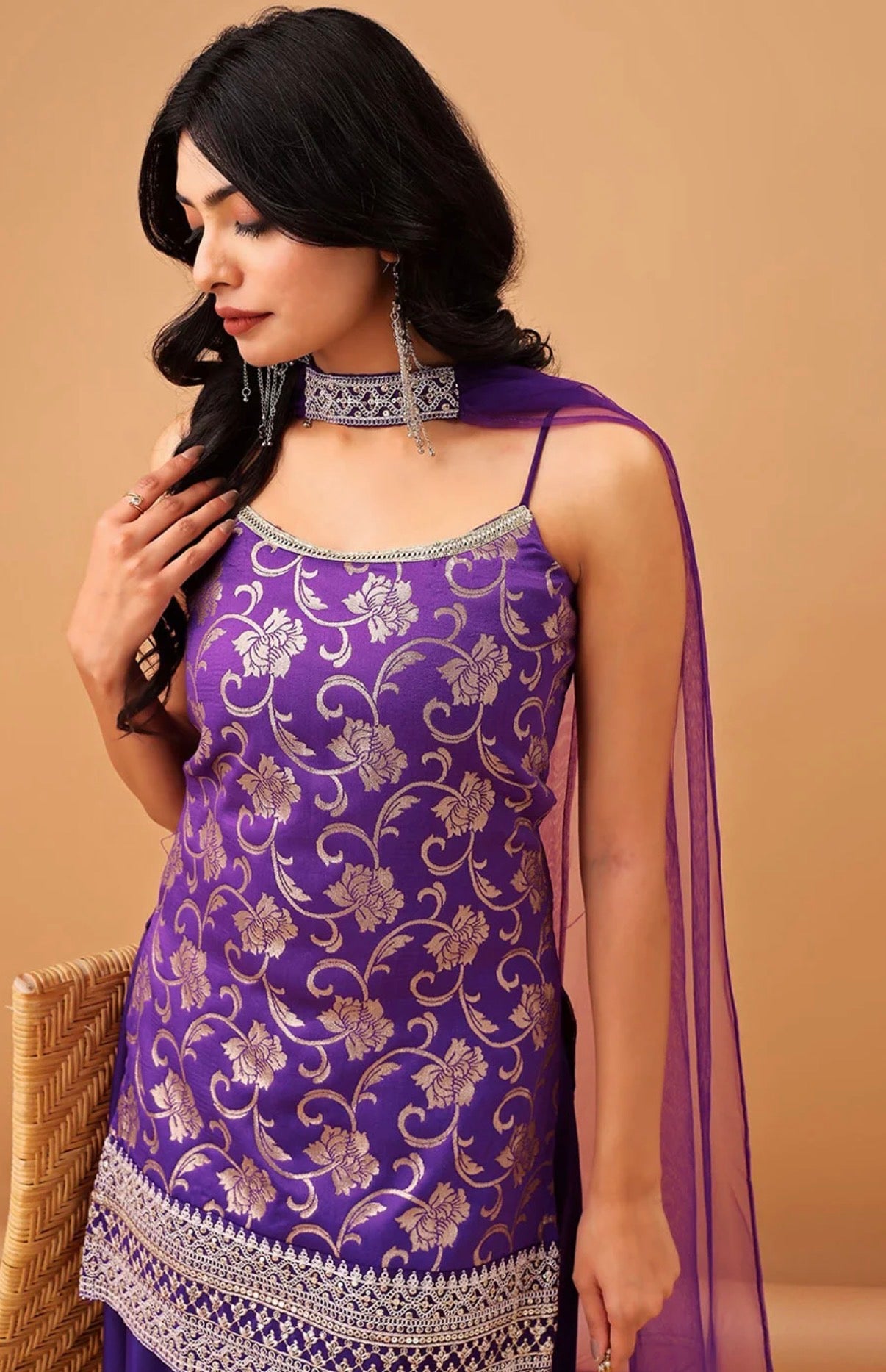 Purple Sleeveless Kurti with Flared Pant & Dupatta