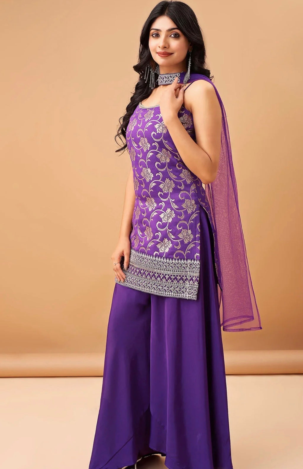 Purple Sleeveless Kurti with Flared Pant & Dupatta