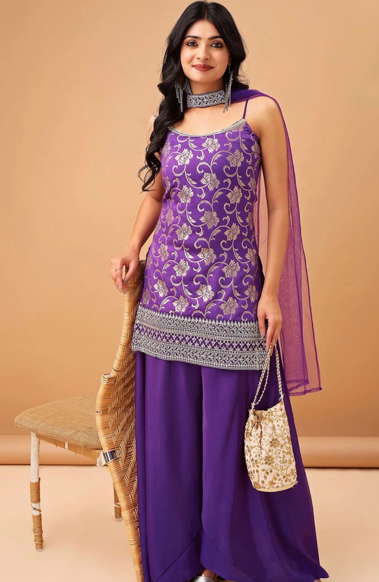 Purple Sleeveless Kurti with Flared Pant & Dupatta