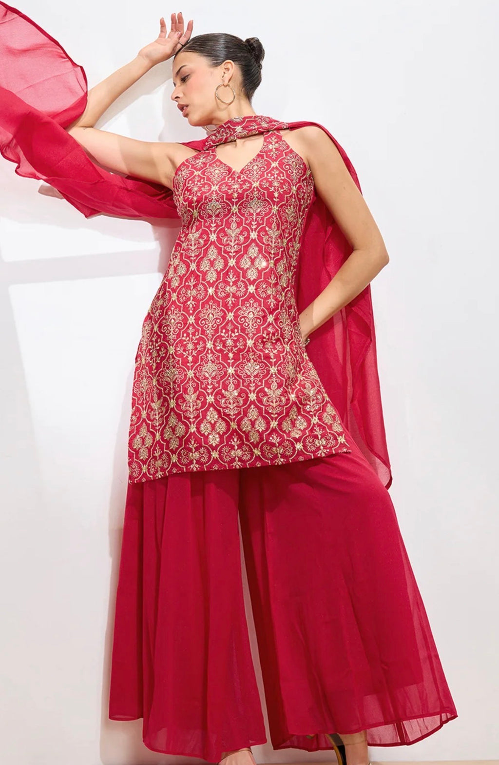 Red Halter Neck Kurta with Palazzos & Dupatta
