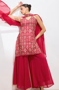 Red Halter Neck Kurta with Palazzos & Dupatta