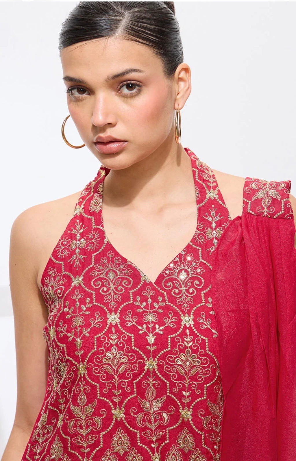 Red Halter Neck Kurta with Palazzos & Dupatta