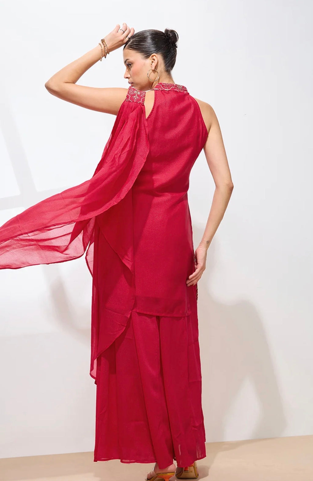 Red Halter Neck Kurta with Palazzos & Dupatta