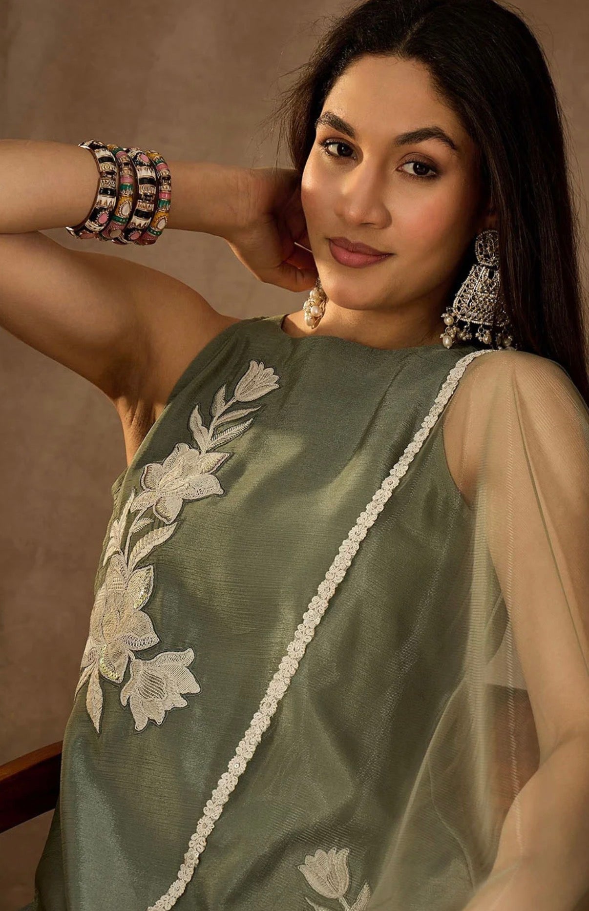 Green Embroidered Kurta With Palazzo & Dupatta
