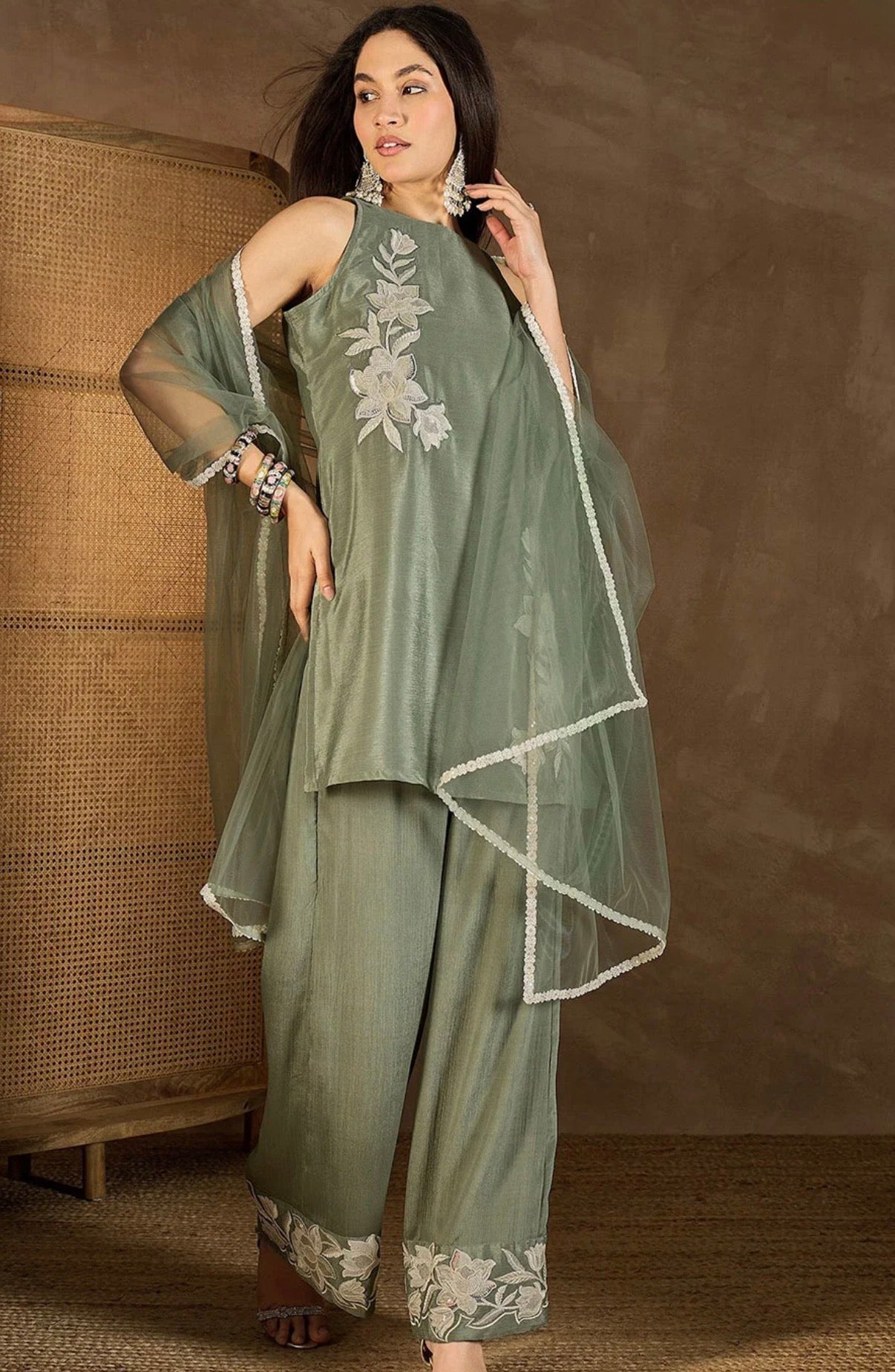 Green Embroidered Kurta With Palazzo & Dupatta