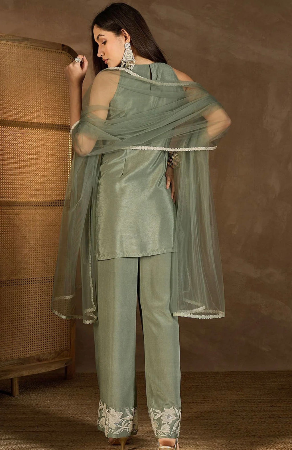 Green Embroidered Kurta With Palazzo & Dupatta