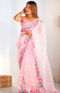 Pink Floral Embroidered Organza Saree With Blouse Fabric
