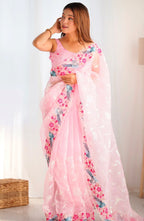 Pink Floral Embroidered Organza Saree With Blouse Fabric