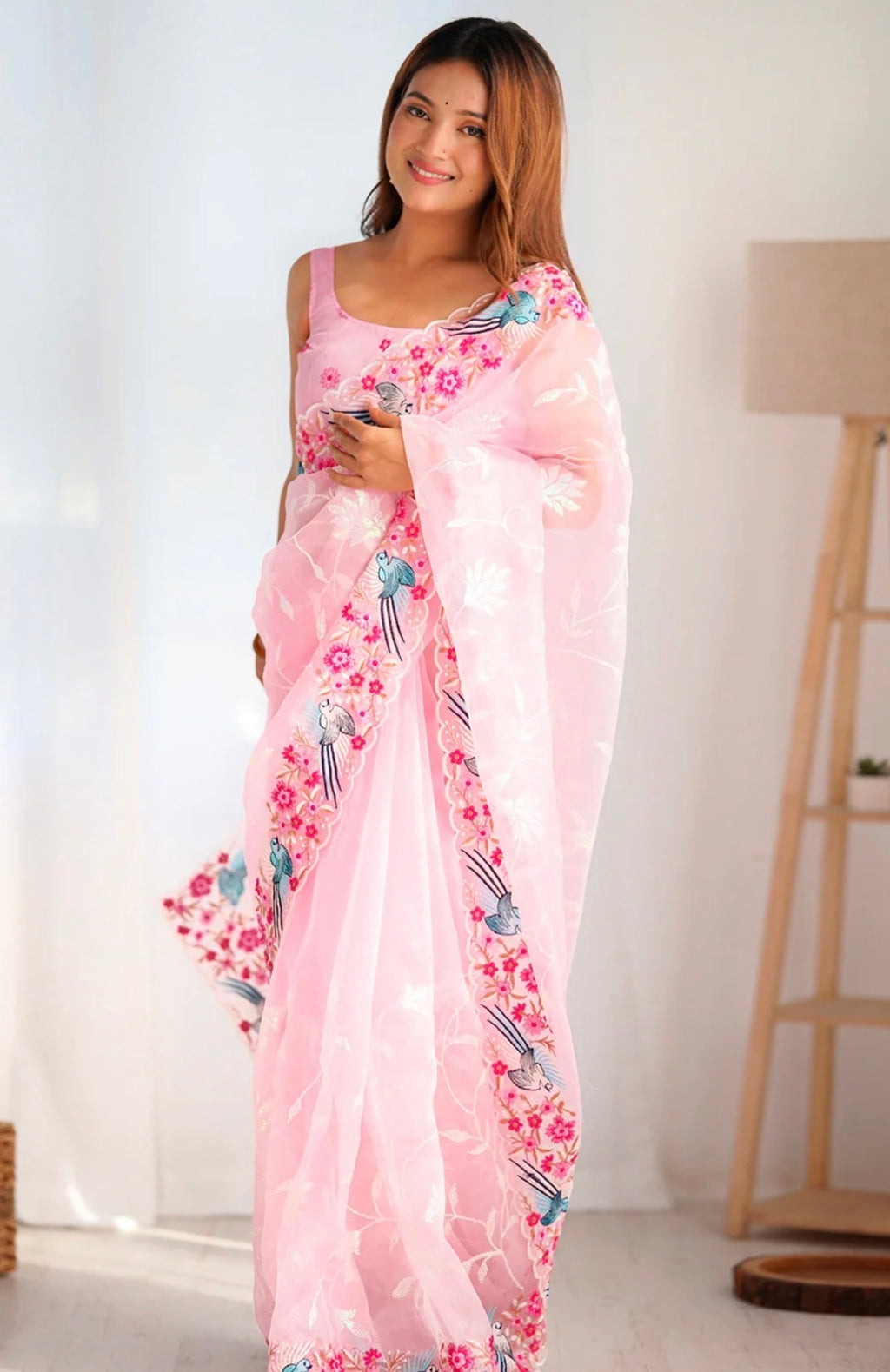 Pink Floral Embroidered Organza Saree With Blouse Fabric