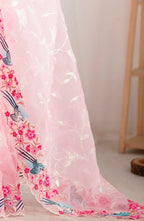 Pink Floral Embroidered Organza Saree With Blouse Fabric