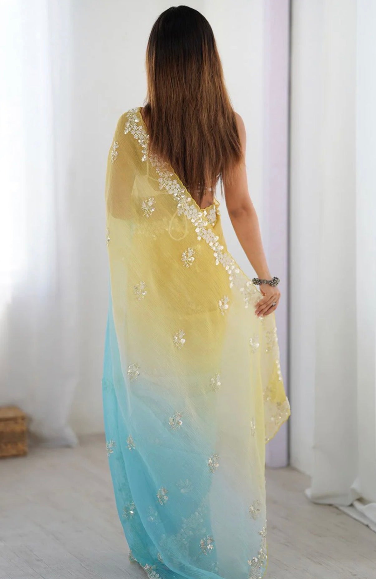 Yellow Blue Embellished Beads and Stones Chiffon Saree With Blouse Fabric