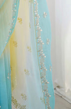 Yellow Blue Embellished Beads and Stones Chiffon Saree With Blouse Fabric
