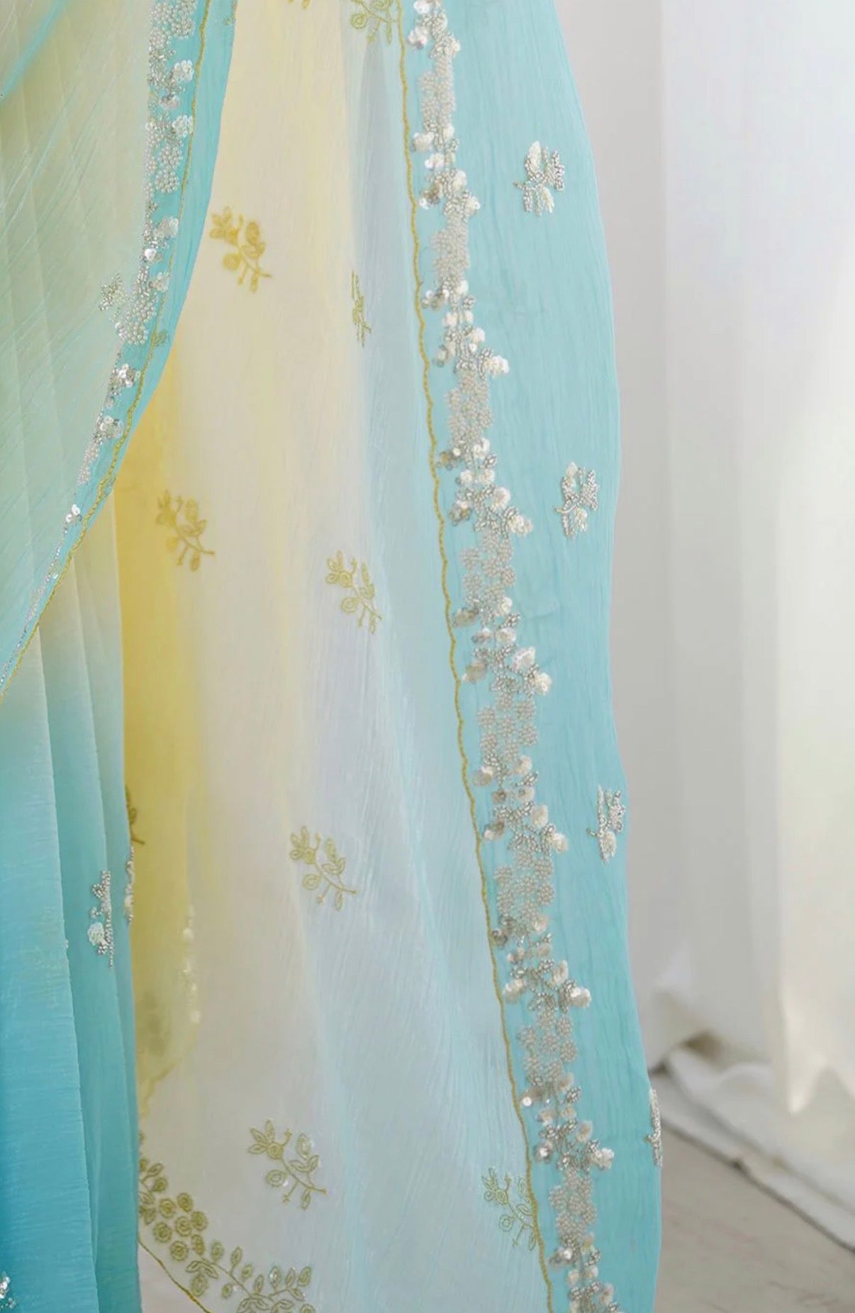 Yellow Blue Embellished Beads and Stones Chiffon Saree With Blouse Fabric
