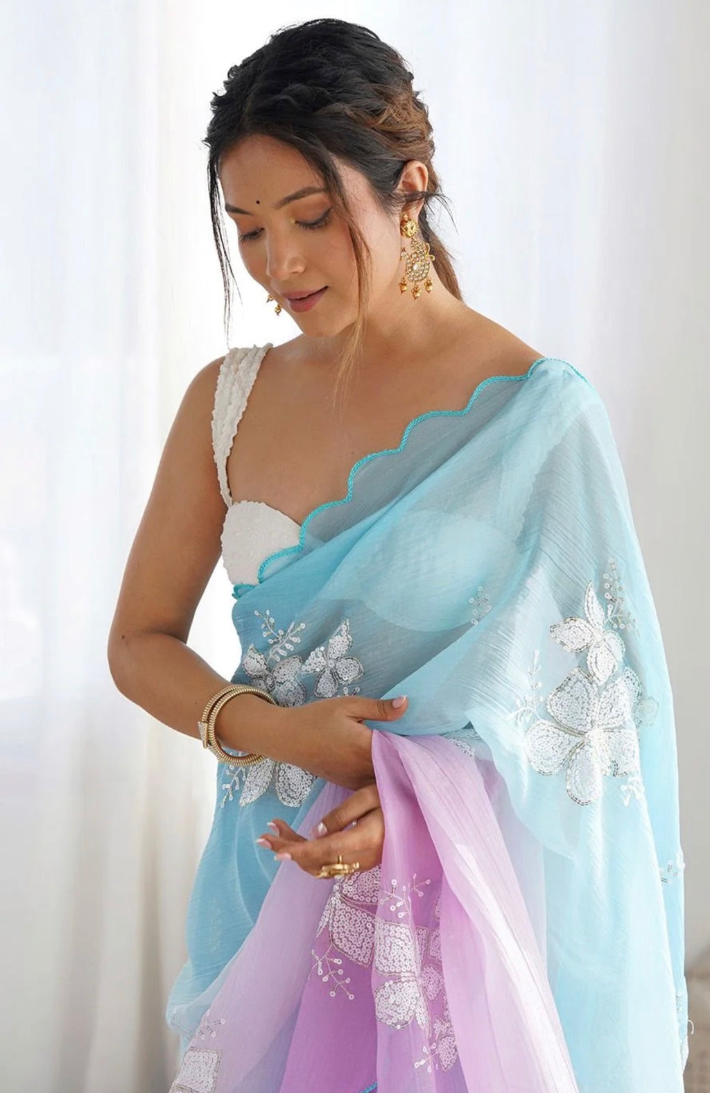 Lavendar Blue Multi Embellished Pure Chiffon Saree With Blouse Fabric