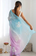 Lavendar Blue Multi Embellished Pure Chiffon Saree With Blouse Fabric