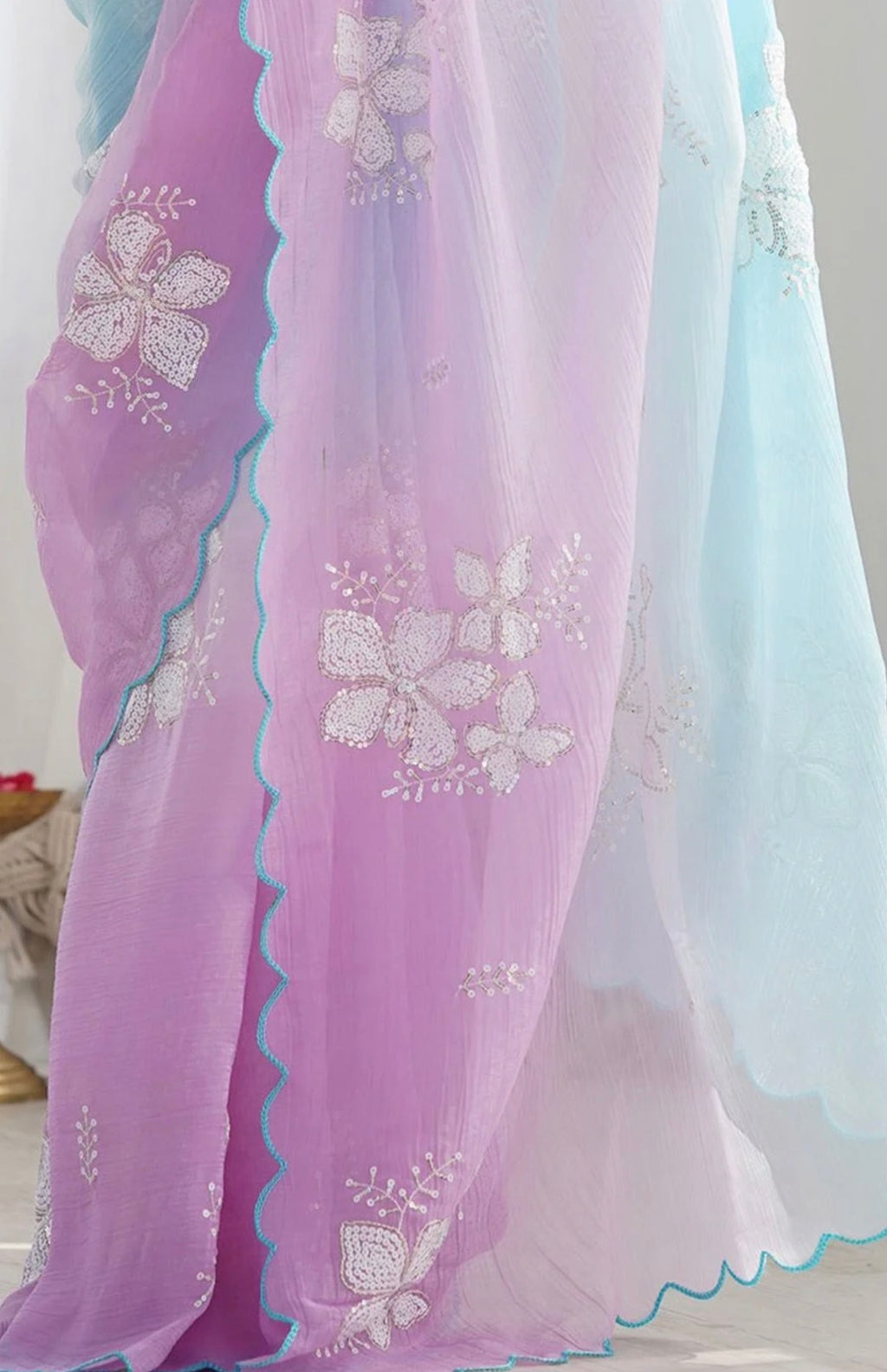 Lavendar Blue Multi Embellished Pure Chiffon Saree With Blouse Fabric