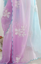 Lavendar Blue Multi Embellished Pure Chiffon Saree With Blouse Fabric