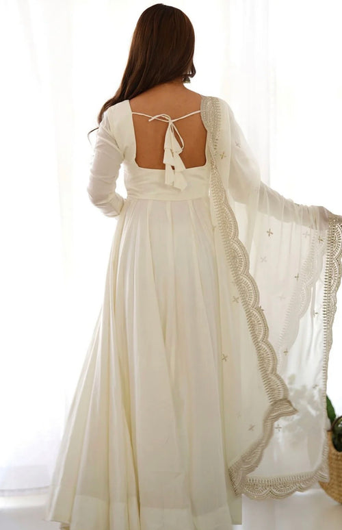 Chanderi Silk White Anarkali with Trousers and Dupatta