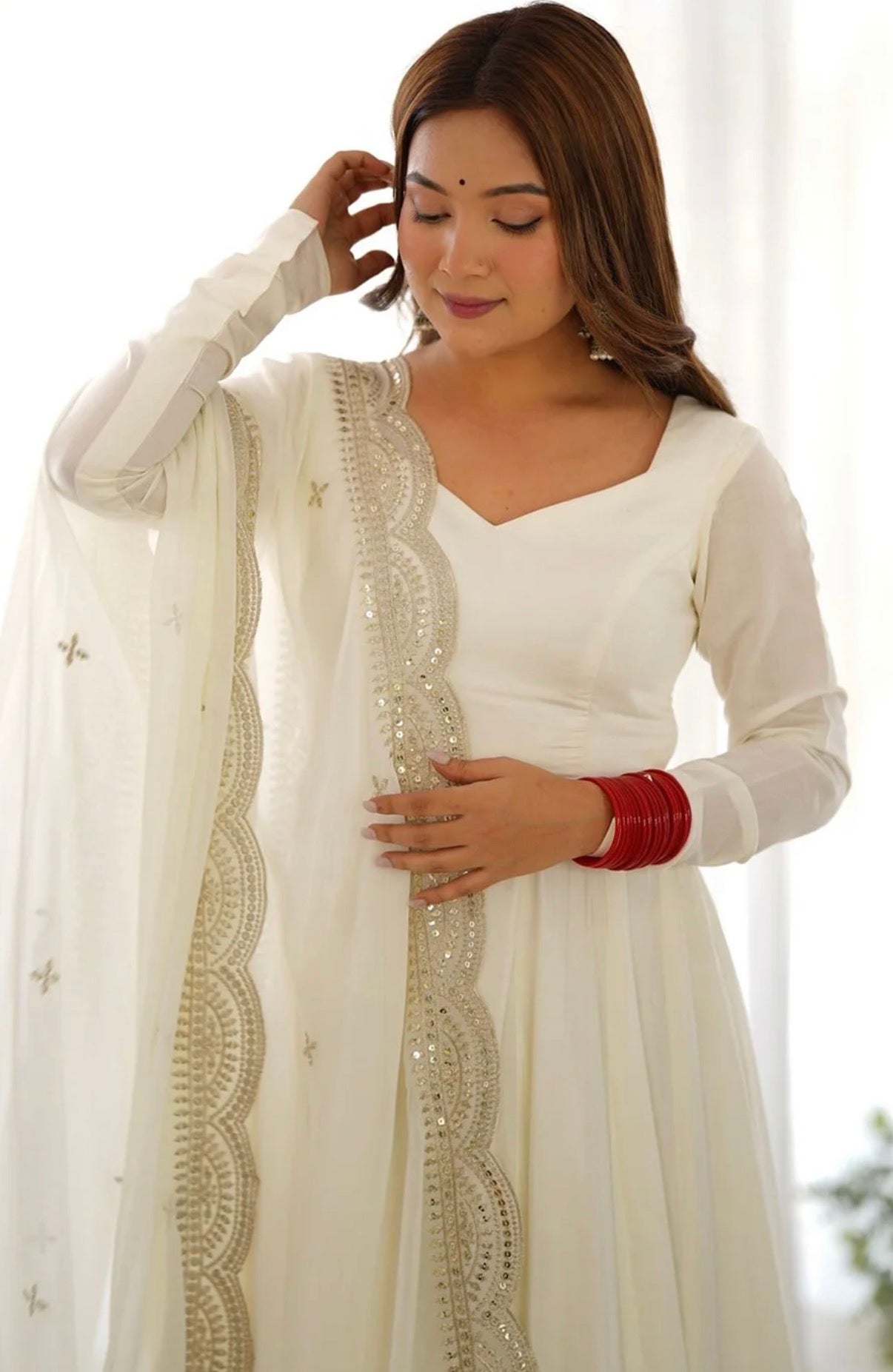Chanderi Silk White Anarkali with Trousers and Dupatta