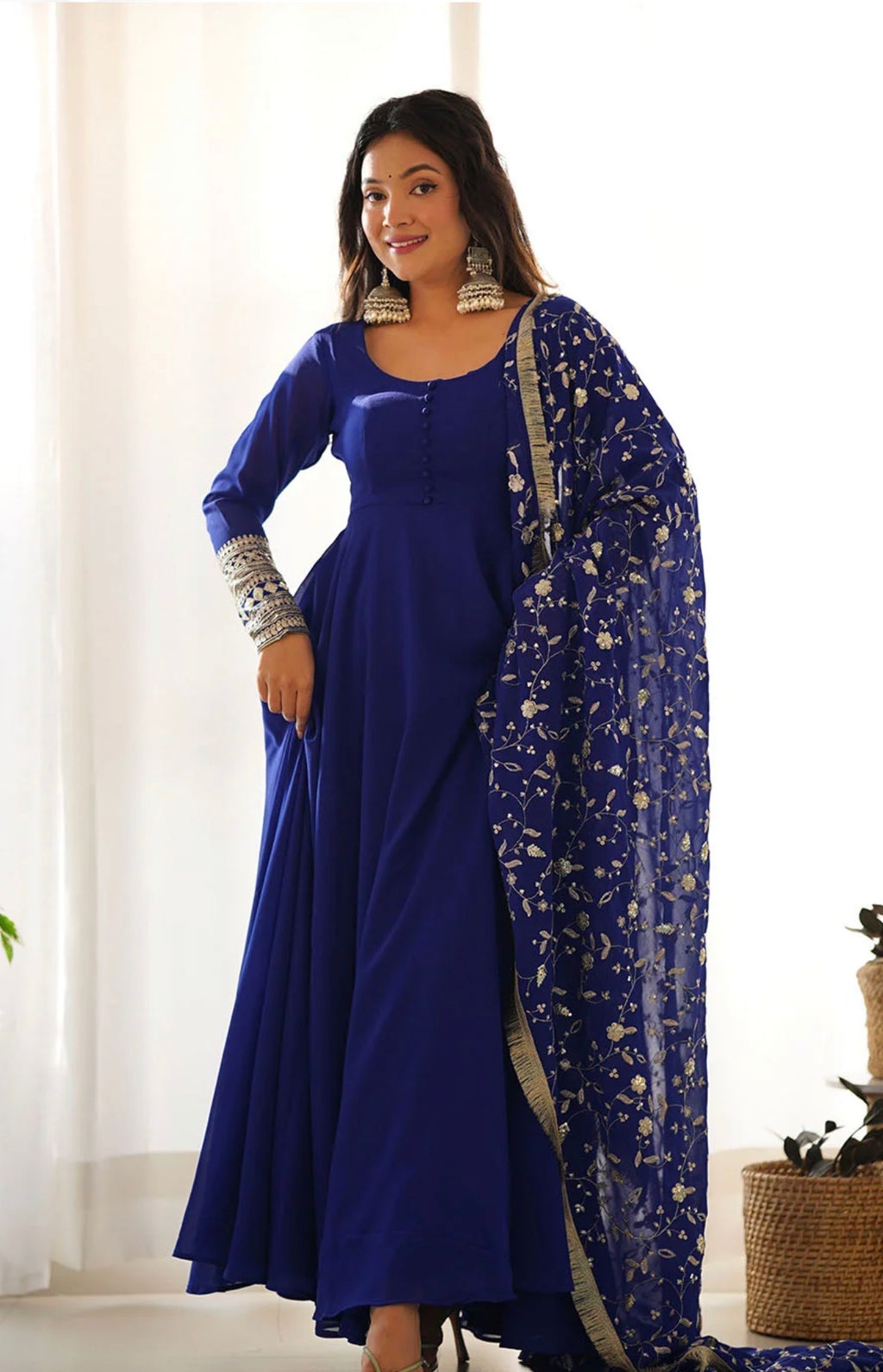 Blue Anarkali Gown With Trousers & Dupatta