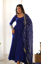Blue Anarkali Gown With Trousers & Dupatta