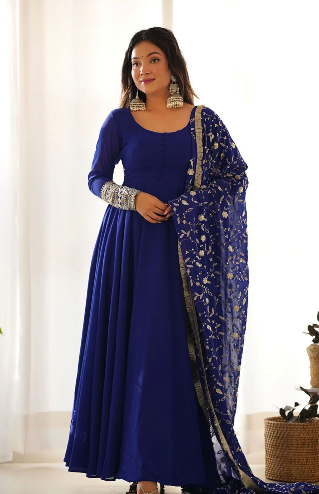 Blue Anarkali Gown With Trousers & Dupatta