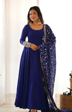 Blue Anarkali Gown With Trousers & Dupatta