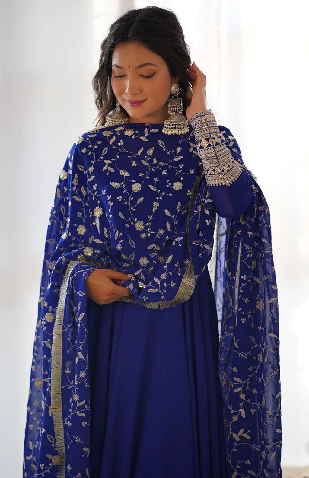 Blue Anarkali Gown With Trousers & Dupatta