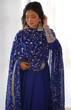 Blue Anarkali Gown With Trousers & Dupatta