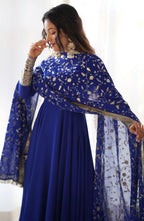 Blue Anarkali Gown With Trousers & Dupatta