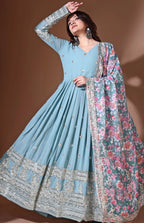 Blue Ethnic Motifs Anarkali Kurta With Floral Dupatta