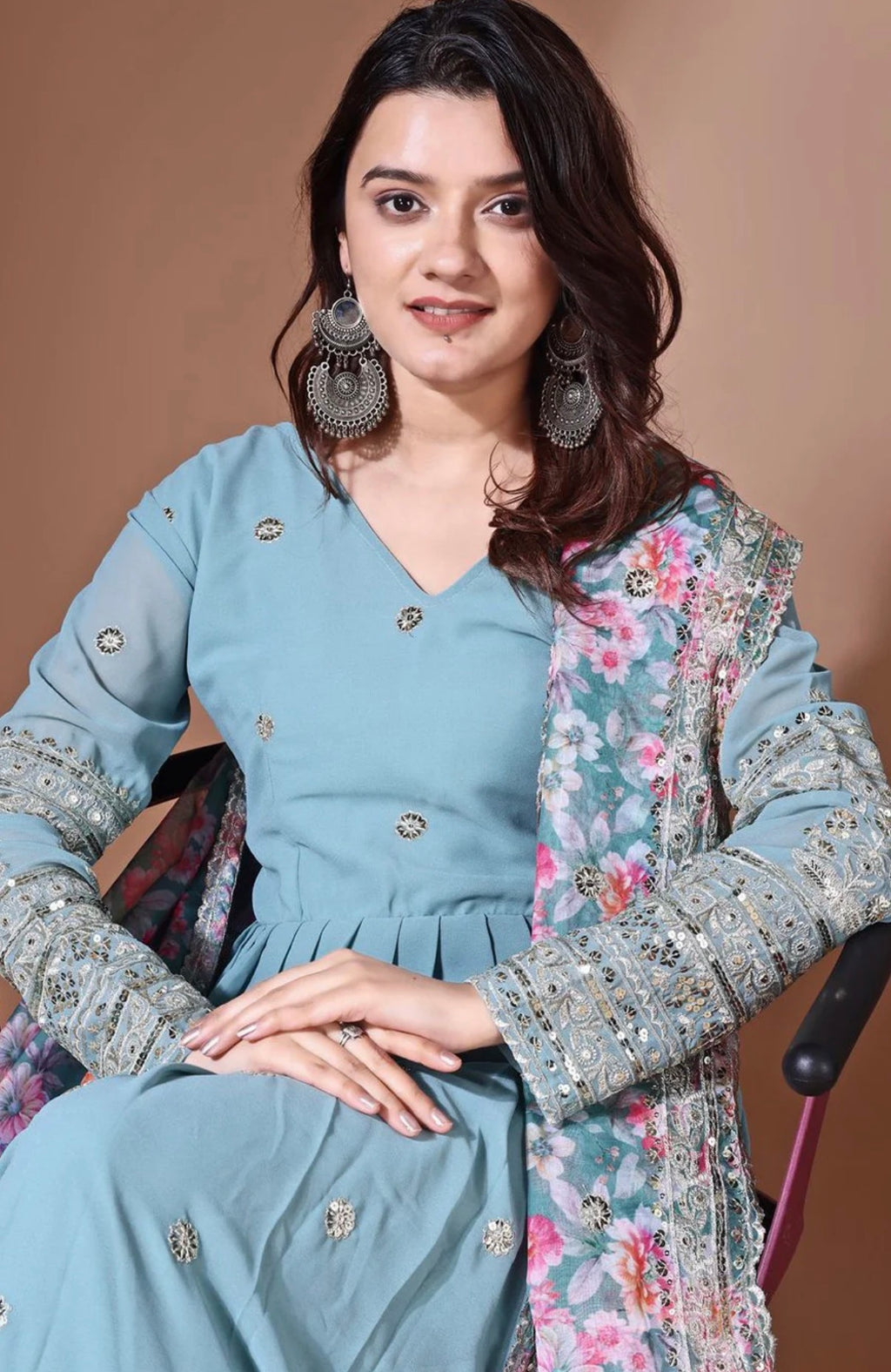 Blue Ethnic Motifs Anarkali Kurta With Floral Dupatta