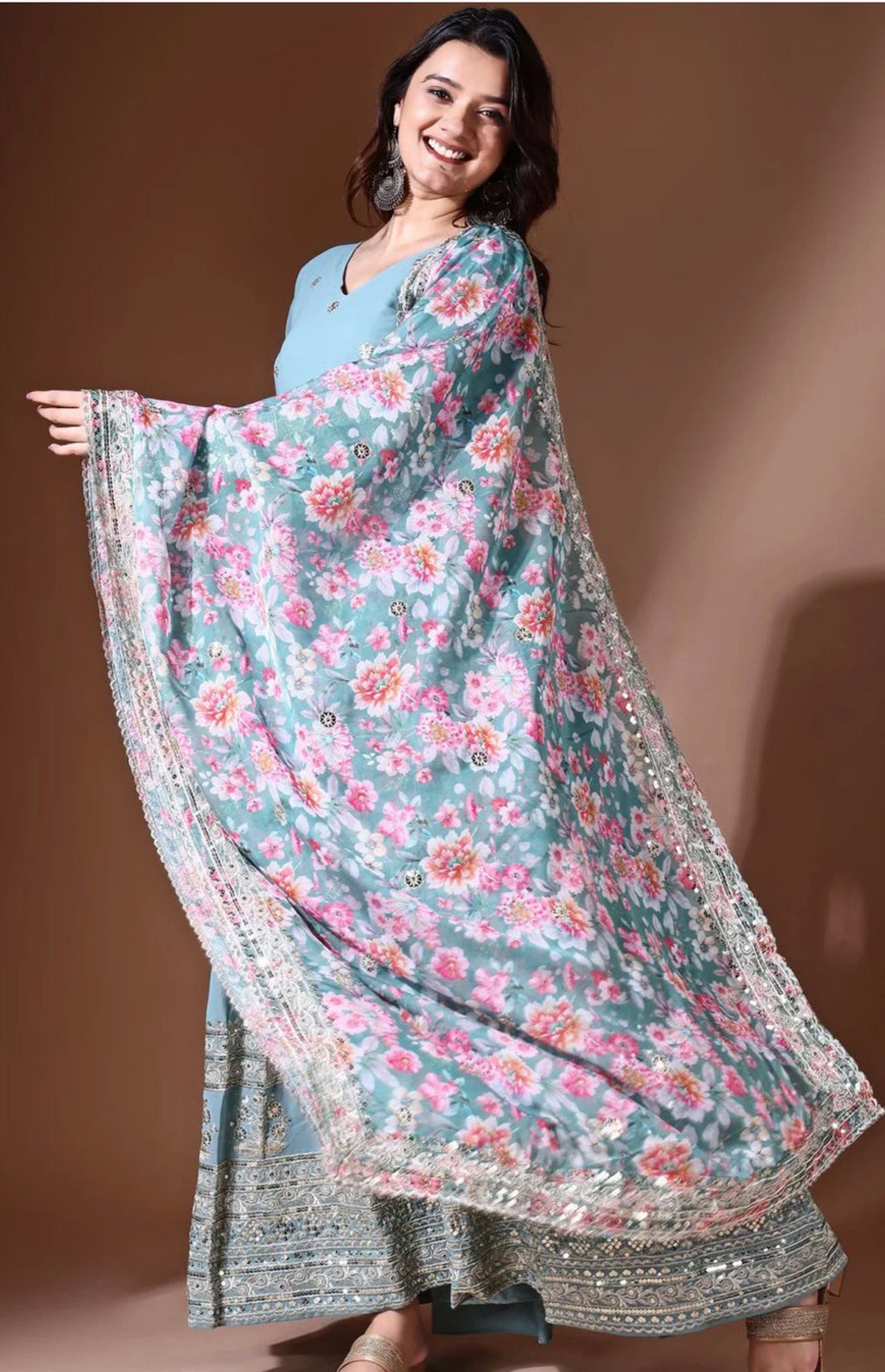 Blue Ethnic Motifs Anarkali Kurta With Floral Dupatta