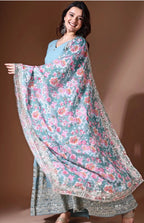 Blue Ethnic Motifs Anarkali Kurta With Floral Dupatta