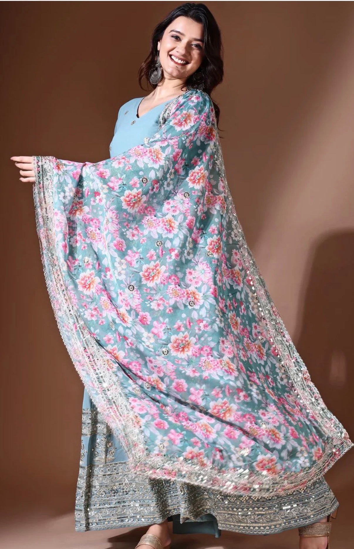 Blue Ethnic Motifs Anarkali Kurta With Floral Dupatta