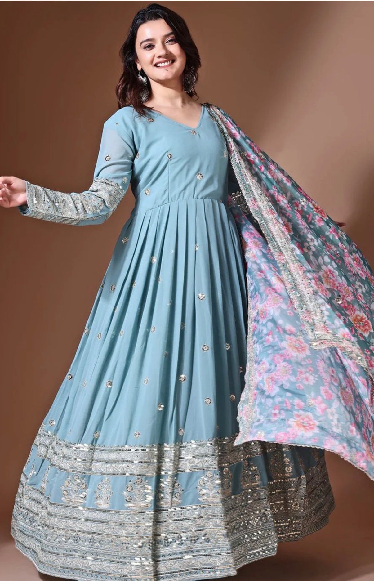Blue Ethnic Motifs Anarkali Kurta With Floral Dupatta