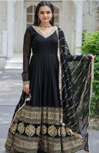 Black Ethnic Motifs Panelled Anarkali Kurta with Dupatta