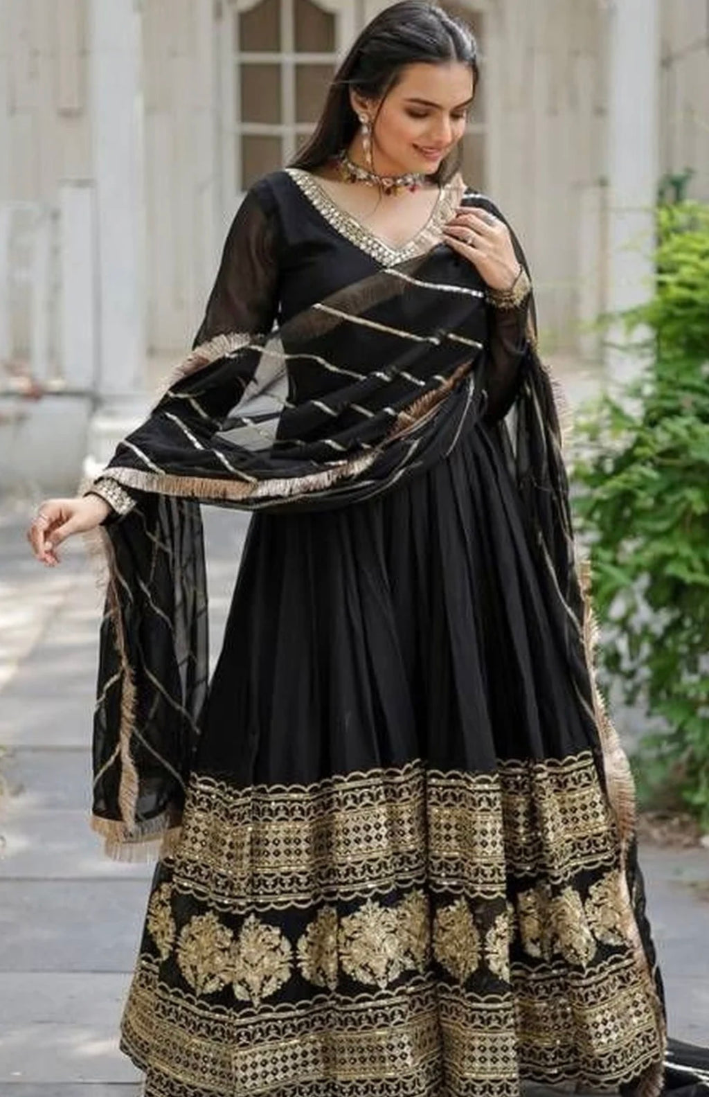 Black Ethnic Motifs Panelled Anarkali Kurta with Dupatta