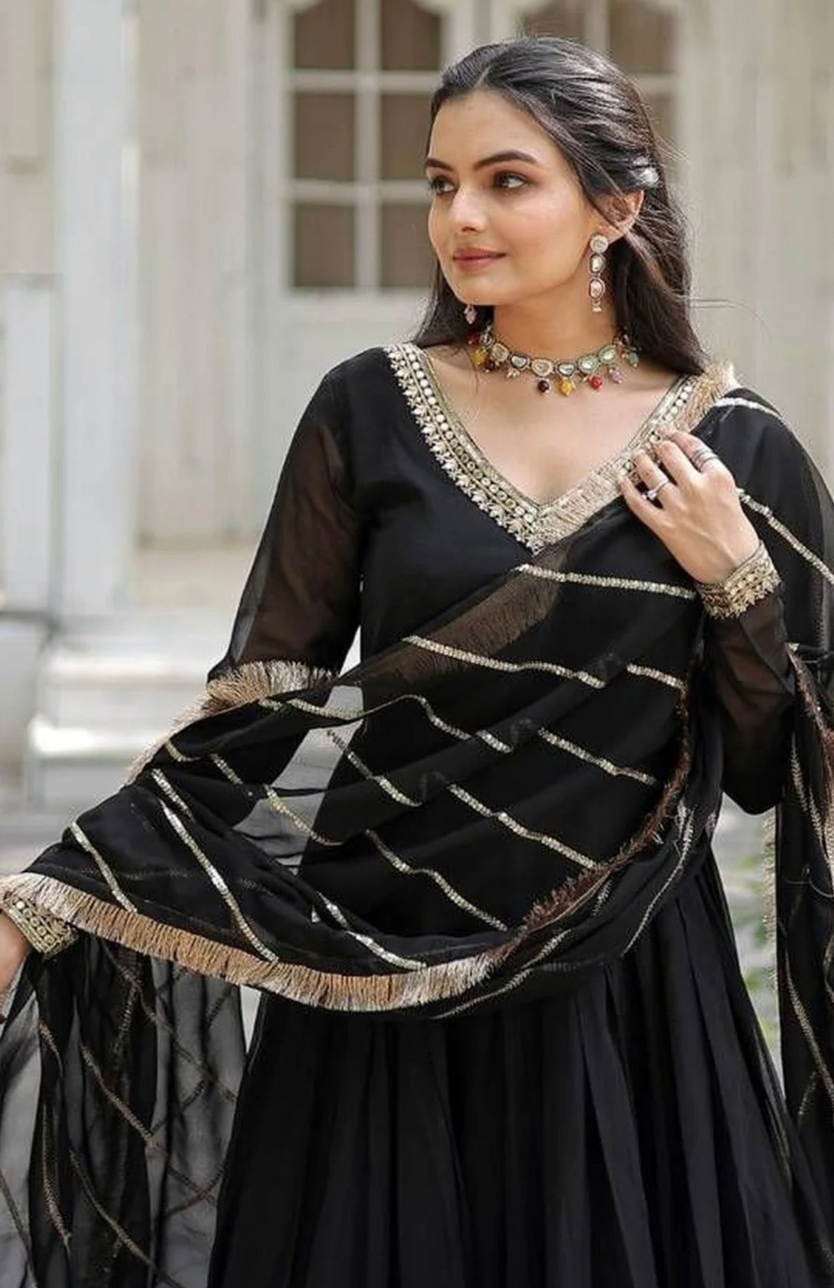 Black Ethnic Motifs Panelled Anarkali Kurta with Dupatta